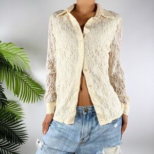 Women's Vintage 90s Ivory Lace Cottagecore Coquette Long Sleeve Button Up Top /6